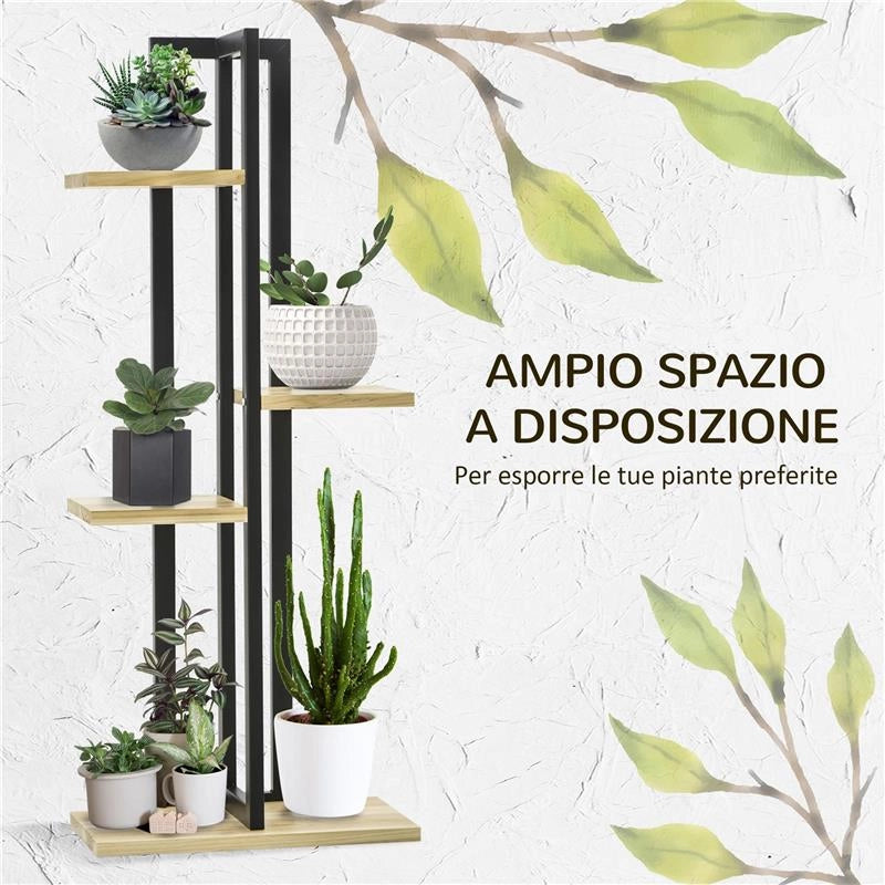 PORTAPIANTE A 4 RIPIANI DALLO STILE INDUSTRIALE IN LEGNO DI ABETE E METALLO 45X25X110 CM NERO E COLOR LEGNO