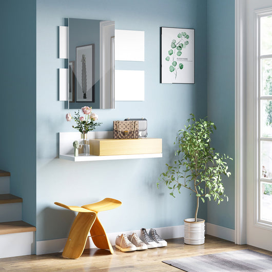 Set Mobili da Ingresso da Parete con Specchio 40x70 cm e Cassetto in Legno Naturale e Bianco