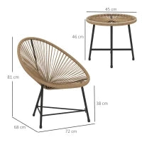 Set da Giardino 3 Pezzi in Rattan PE e Acciaio con 2 Sedie Ovali e Tavolino da Caffè, Nero e color Legno