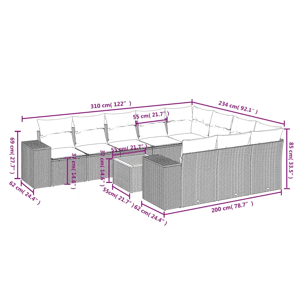 Set Divani da Giardino 11 pz con Cuscini Grigio in Polyrattan 3225627