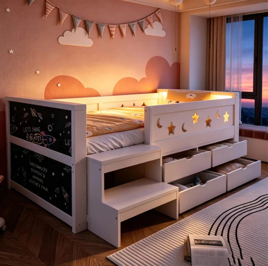 Letto singolo per bambini 90x200 cm in legno bianco con sponde traforate; cassetti e LED