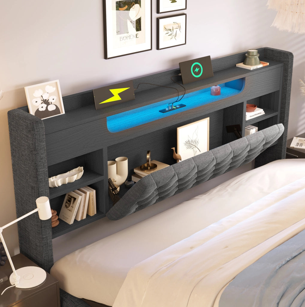Letto matrimoniale imbottito ULEVR 180x200 cm con contenitore idraulico, LED, USB e Type-C, grigio
