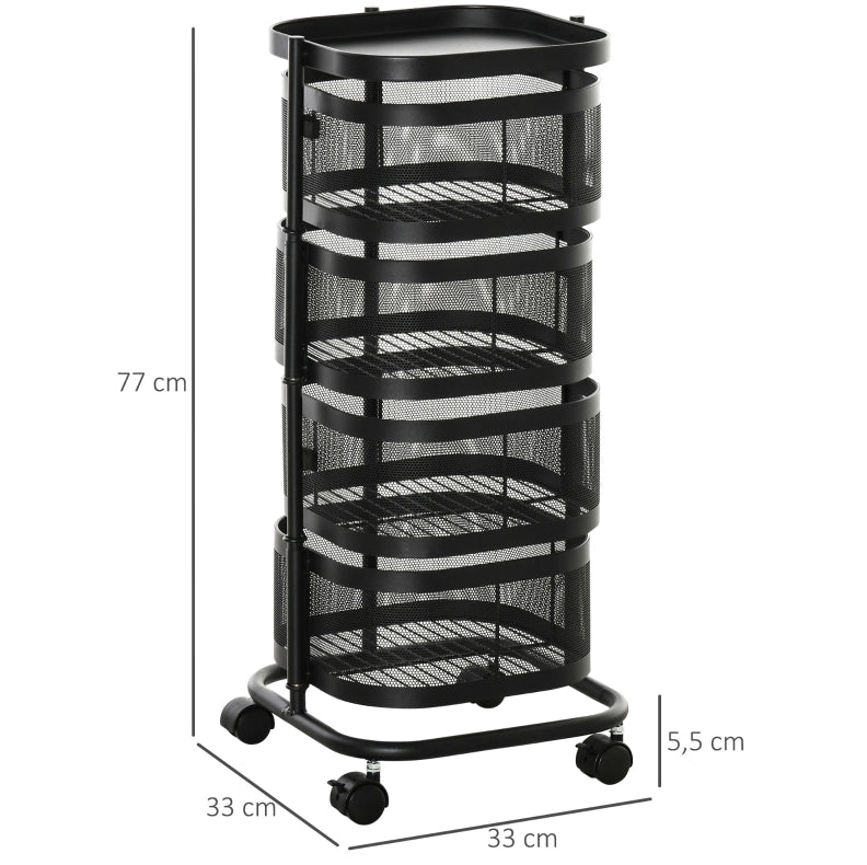 Carrello da cucina nero con 4 ripiani, ruote girevoli 33x33x77 cm
