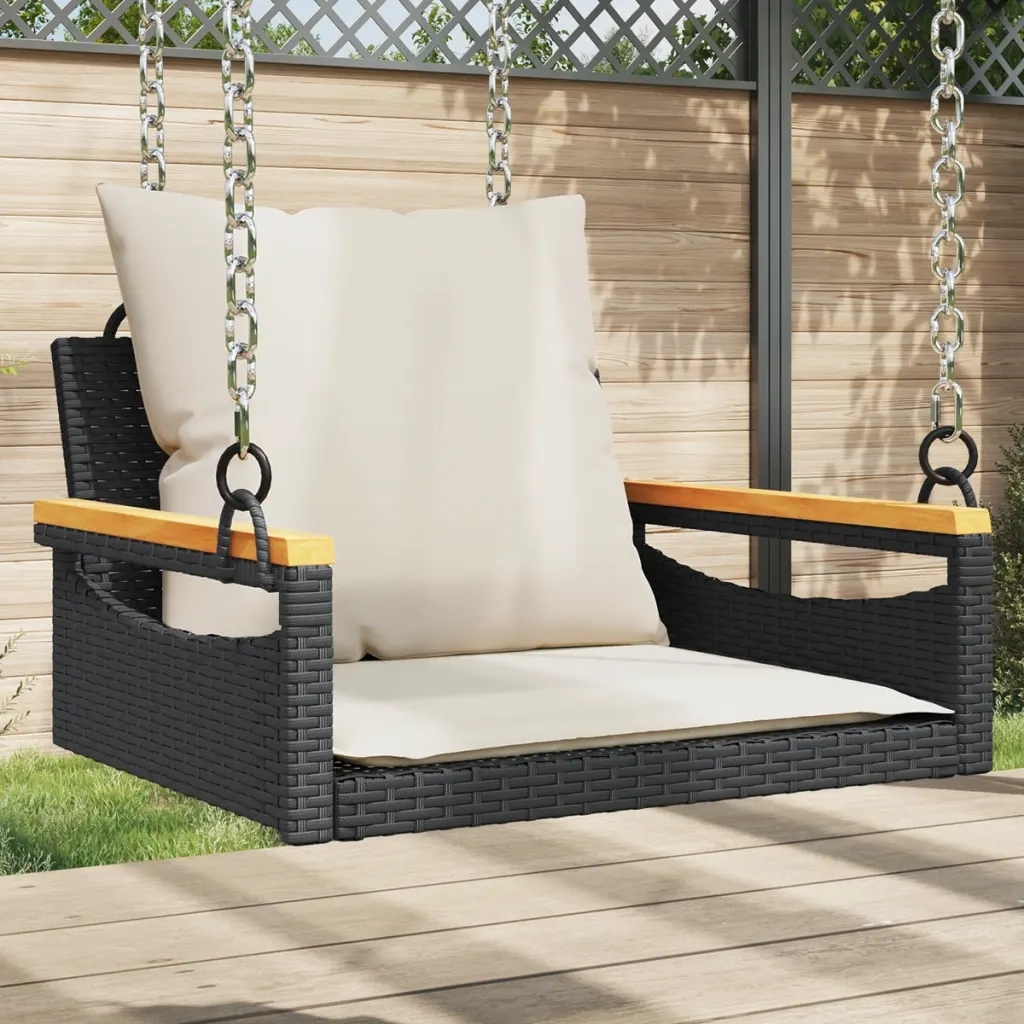 Panca da Giardino | Panchina a Dondolo con Cuscini Nera 63x62x40 cm in Polyrattan