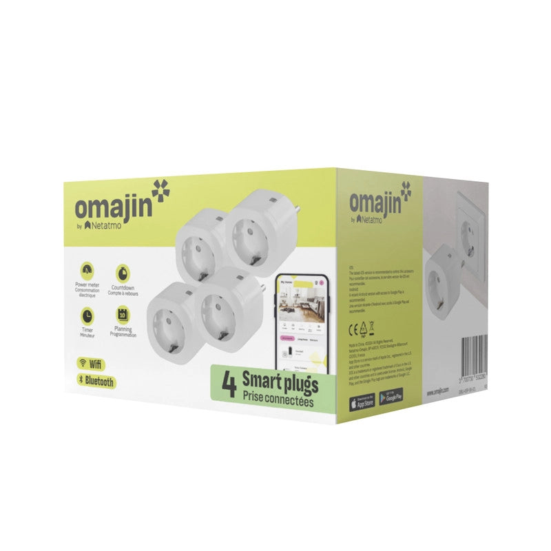 OMAJIN by Netatmo set 4 Prese Intelligenti con timer. monitoraggio consumo. controllo remoto. spegnimento ritardato. risparmio energetico. Wi-Fi/Bluetooth. 16A/3680W. OSP-SK-01-EC