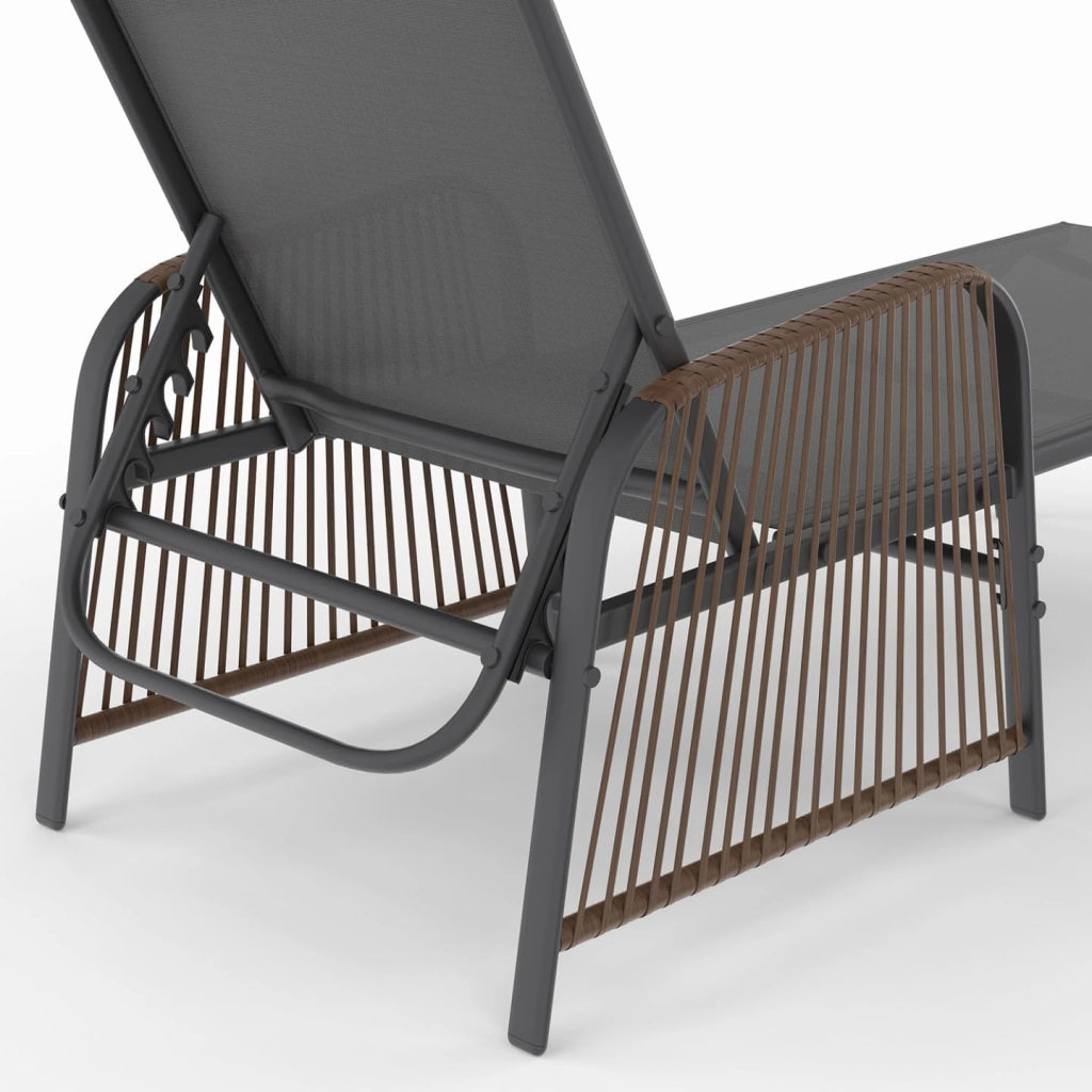 Set di 2 lettini da Giardino reclinabili Rio in Acciaio Grigio Antracite, Corda in Rattan con braccioli e Tela Grigia