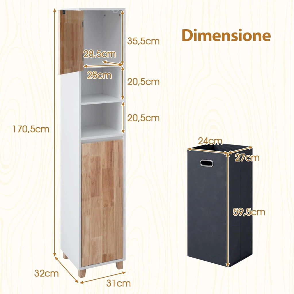 Mobile da Bagno, Armadio Salvaspazio per Biancheria con Cestello Inclinabile, Ante in Legno in Gomma, 3 Ripiani e Cesta Porta Biancheria Rimovibile, Ideale per Soggiorno e Cucina