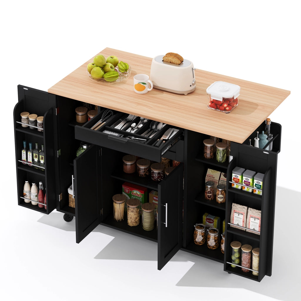 Carrello da Cucina Nero 136x70x92 cm con Piano Ribaltabile; Ripiani Regolabili e Portasciugamani