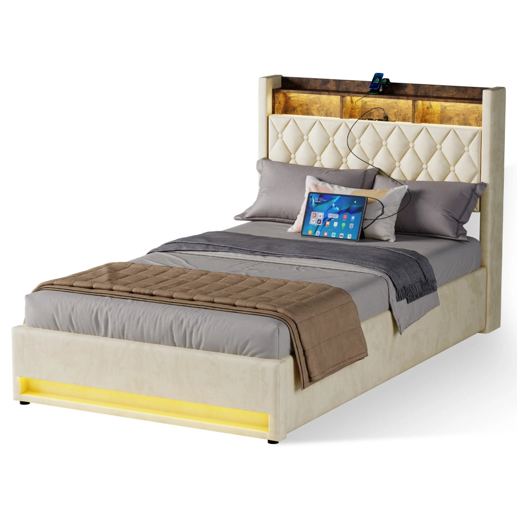 Letto imbottito beige 140x200 cm in velluto con schiuma elastica e struttura ergonomica