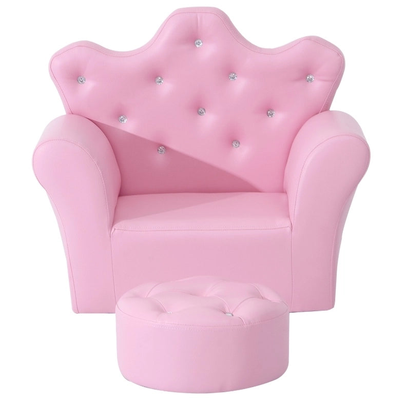 Poltroncina per bambini rosa con pouf e finitura capitonné