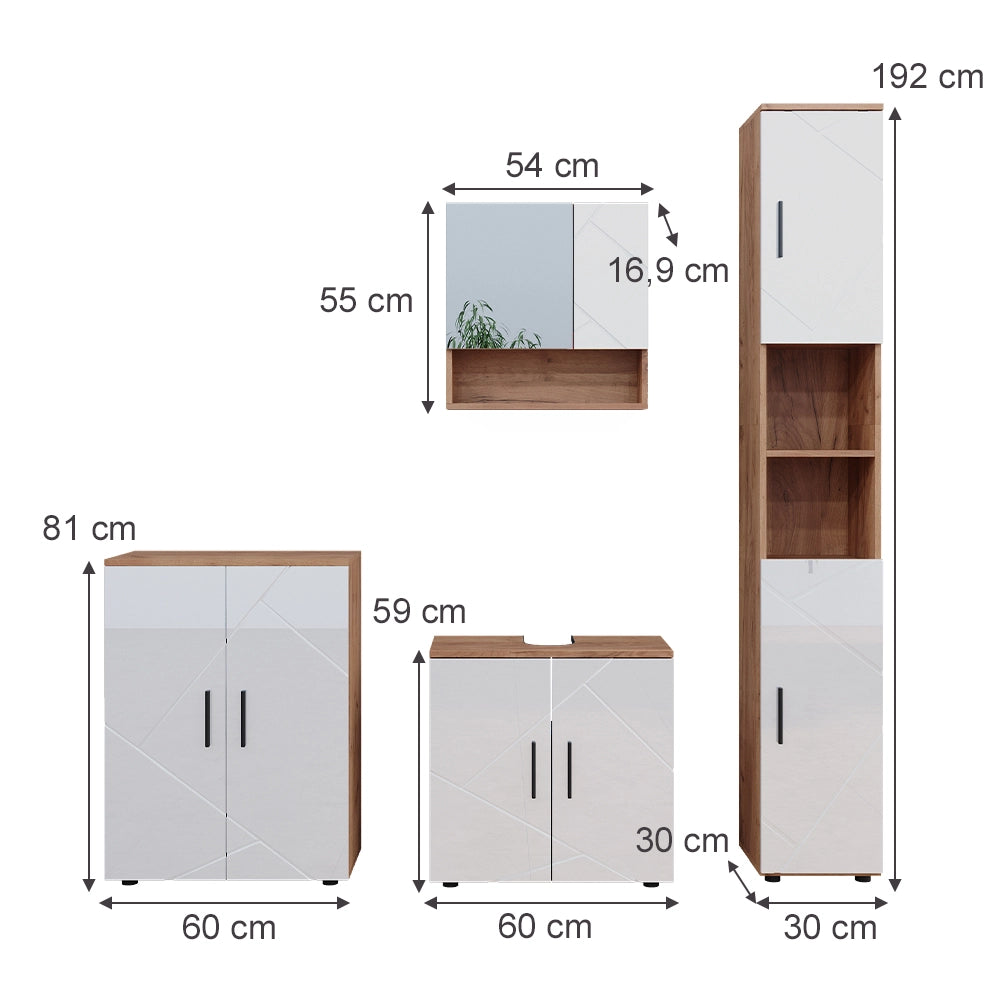 Vicco Set di mobili da bagno Bianco lucido/oro power oak 4 parti, con armadio alto e cassettiera