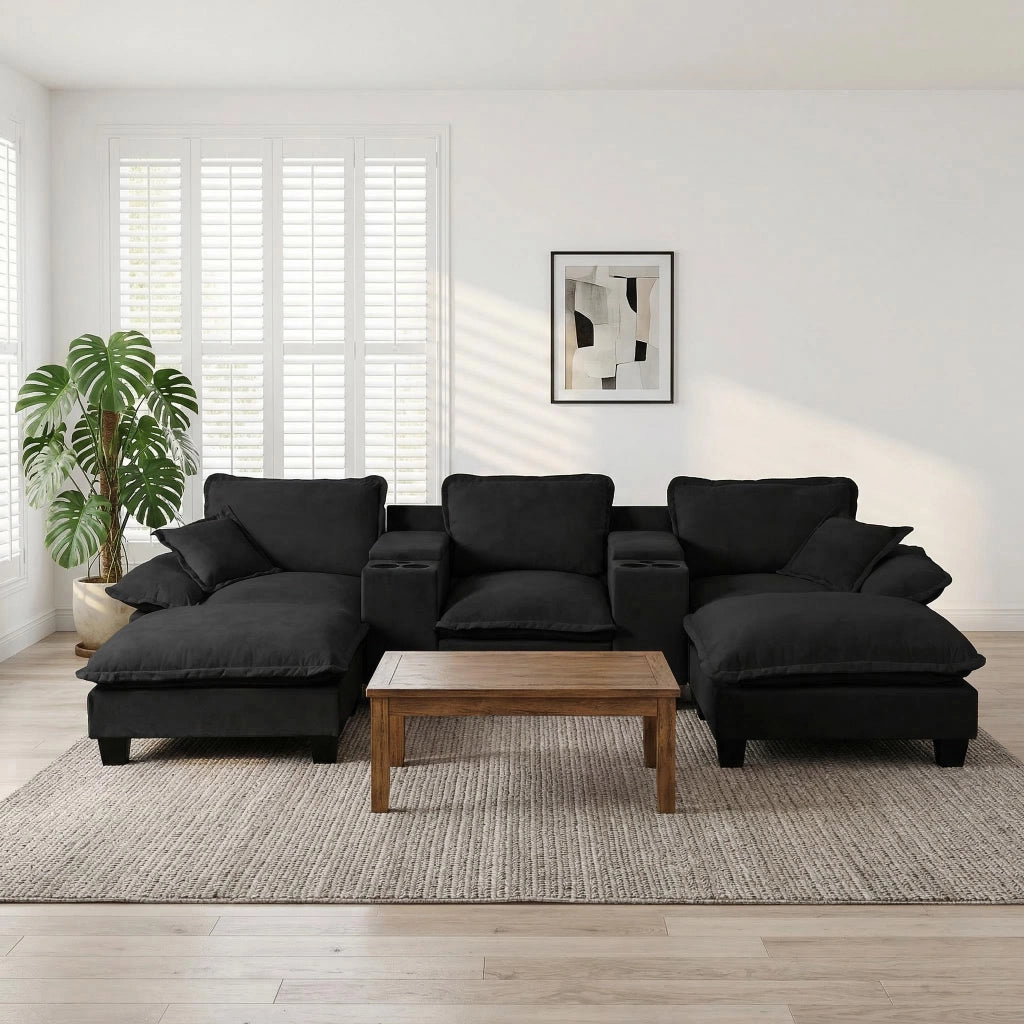Divano panoramico a U modulare con contenitore; portabicchieri e USB in ciniglia - nero 323×151×90 cm