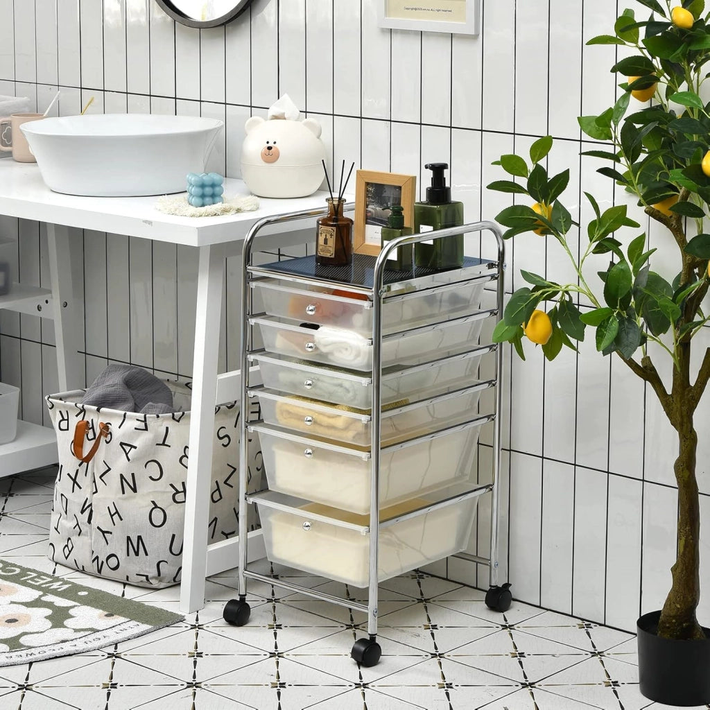 Carrello con 6 Cassetti e Ruote, Cassettiera in Plastica, con Due Dimensioni di Cassetti, Contenitore Multiuso per Casa Bagno e Ufficio, 37 x 74 x 32cm (Trasparente)