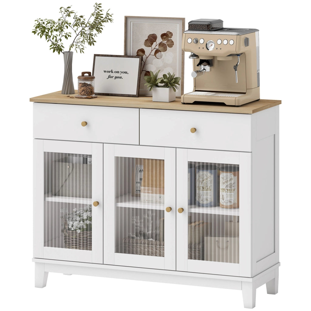 Credenza con 3 ante vetrate 2 cassetti e ripiani regolabili ¨C zephmum ¨C 100x35x80 cm bianco