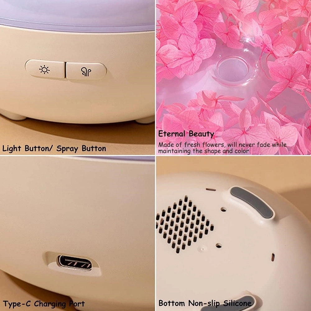 Trade Shop - Diffusore Oli Essenziali Fiori Eterni Ultrasuoni Umidificatore Usb 7 Luci Led Beige -