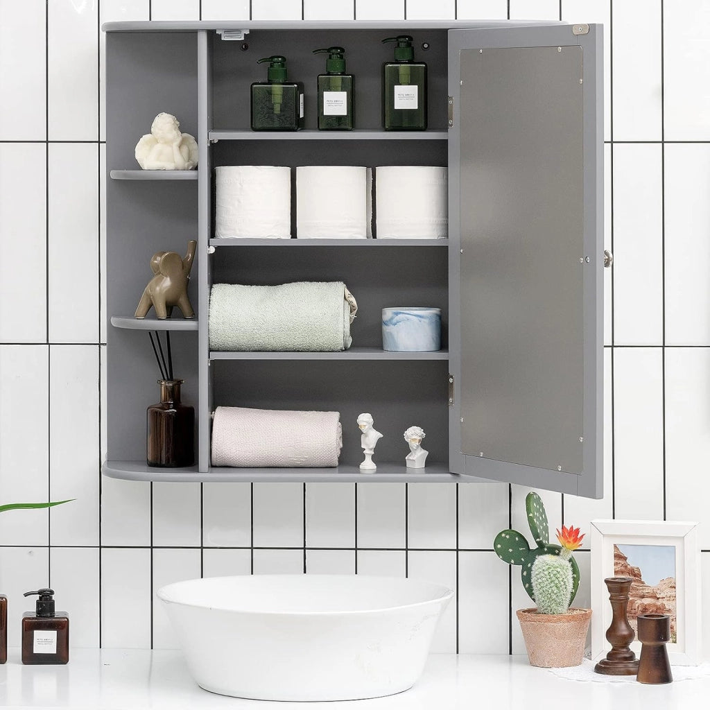 Armadietto del Bagno con Specchio, Armadietto di Legno Appeso con Mensole Regolabili, Armadietto dei Medicinali Multiuso per Bagno Salone Cucina (Grigio)