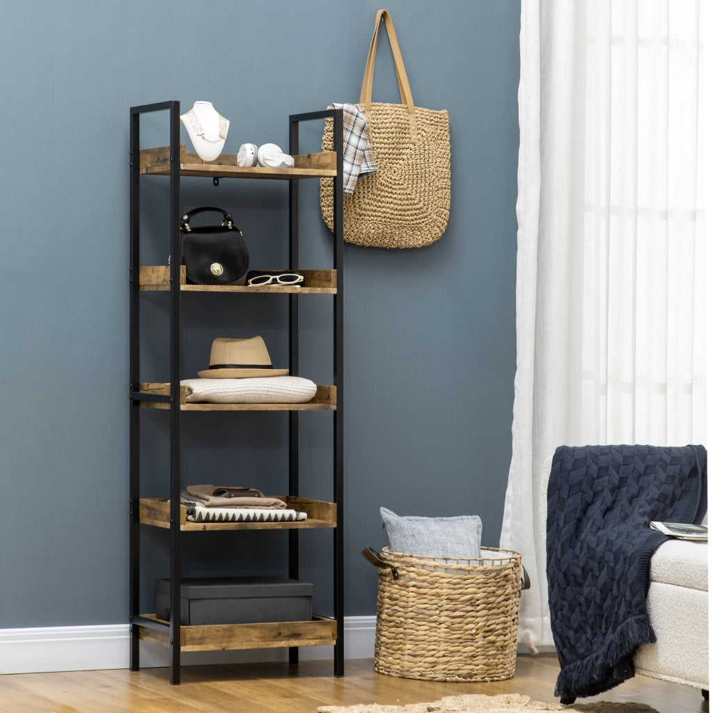 EasyComfort Libreria Stile Industriale a 5 Ripiani in Legno e Metallo, 48x30x155cm, Marrone Rustico