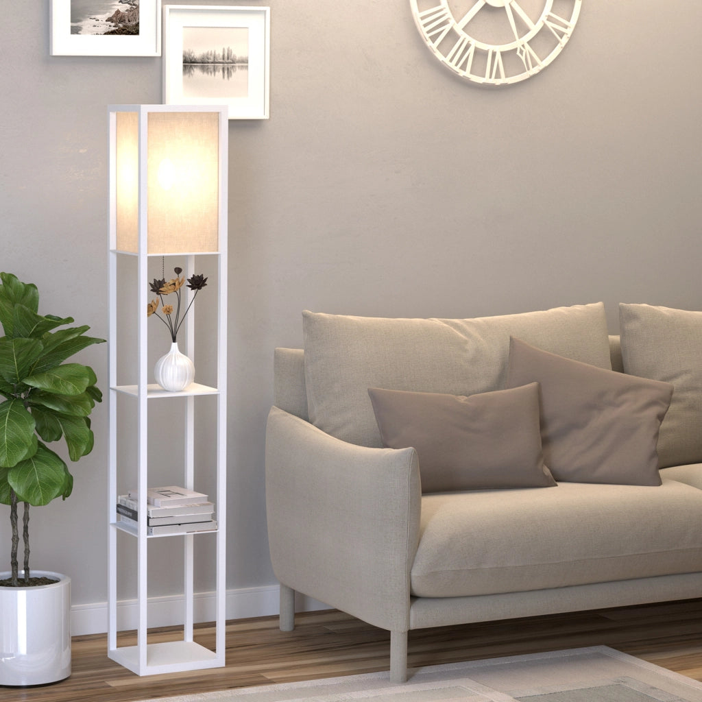 Lampada da Terra con Scaffali ¨C zephmum ¨C Legno e PS, Bianco, 26x26x160 cm