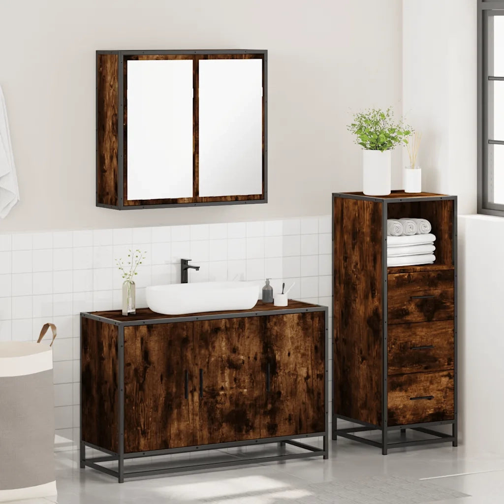 Set Mobili da Bagno 3 pz Rovere Fumo in Legno Multistrato