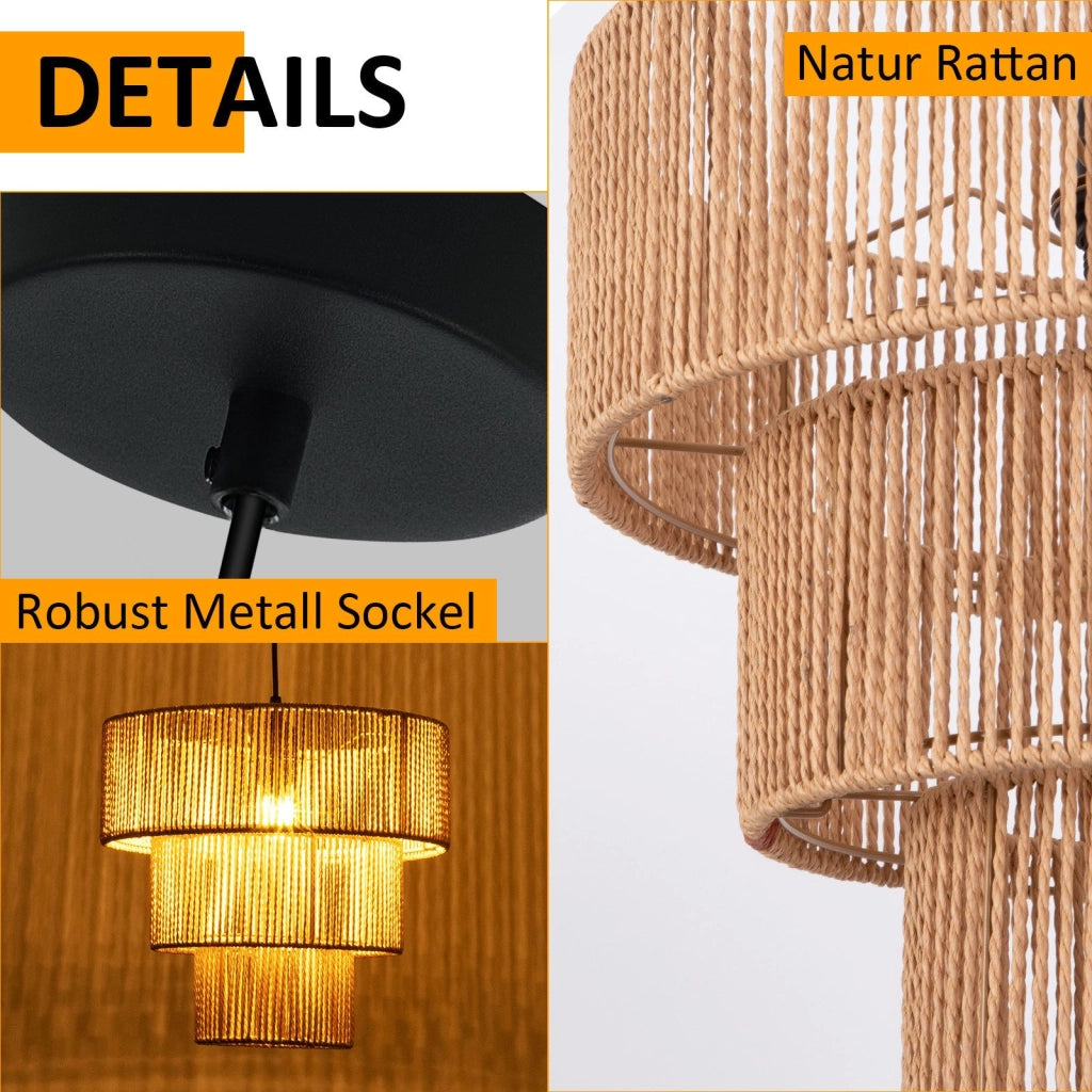 Lampada a sospensione ZMH per sala da pranzo 1 fiamma in rattan beige stile boho per bar e ristoranti