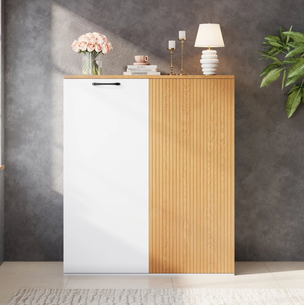 Mobile contenitore con ante e frontale a doghe; 80 x 40 x 110 cm; MDF bianco e rovere