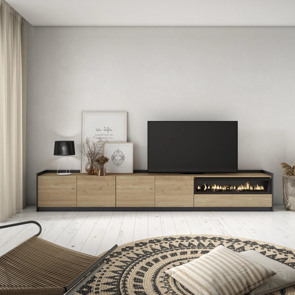 Mobile TV Soggiorno, 310x50x37 cm, Per TV fino a 80", Camino elettrico, Rovere e nero