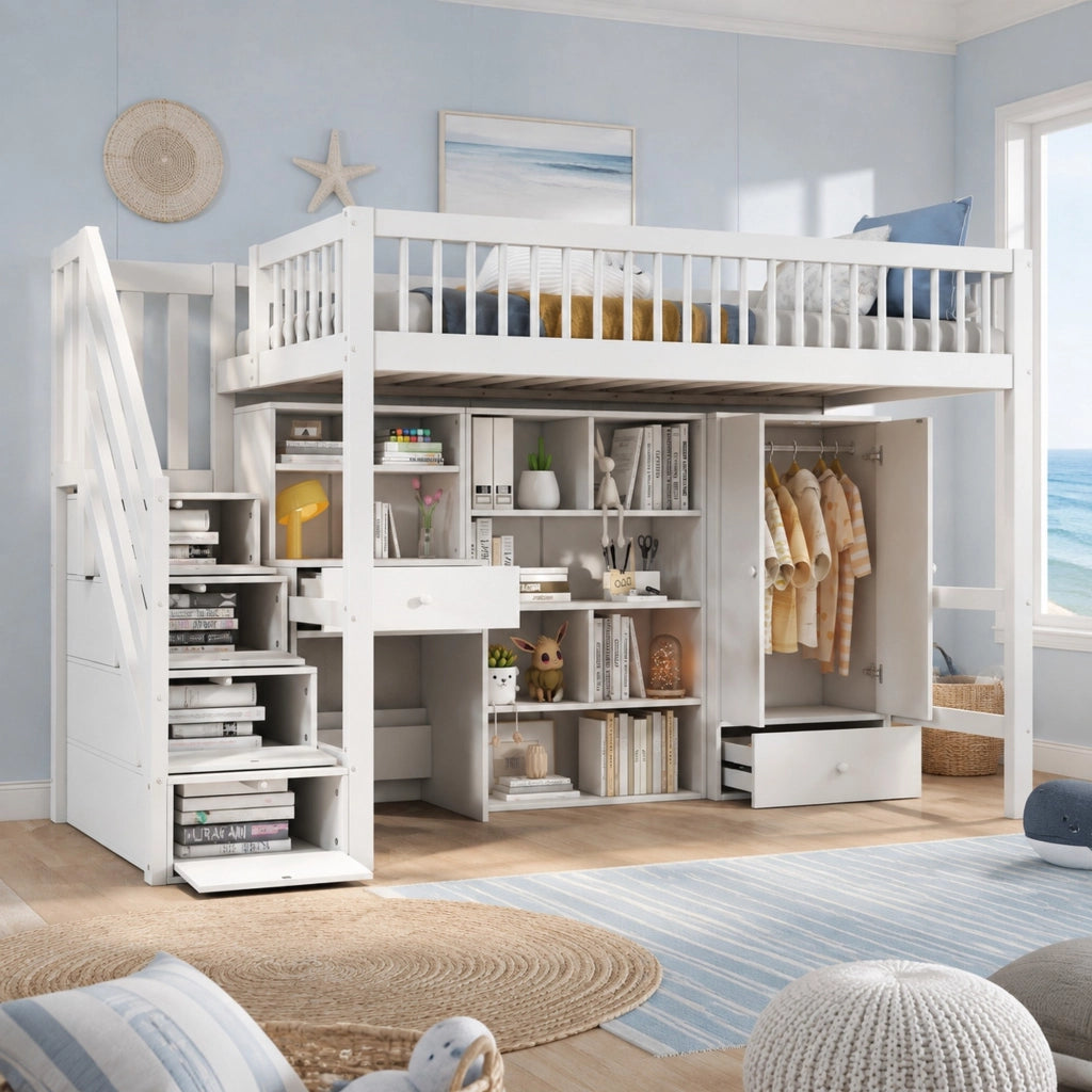 Letto singolo multifunzionale 90x200 cm con scrivania, scale contenitore e armadio, bianco