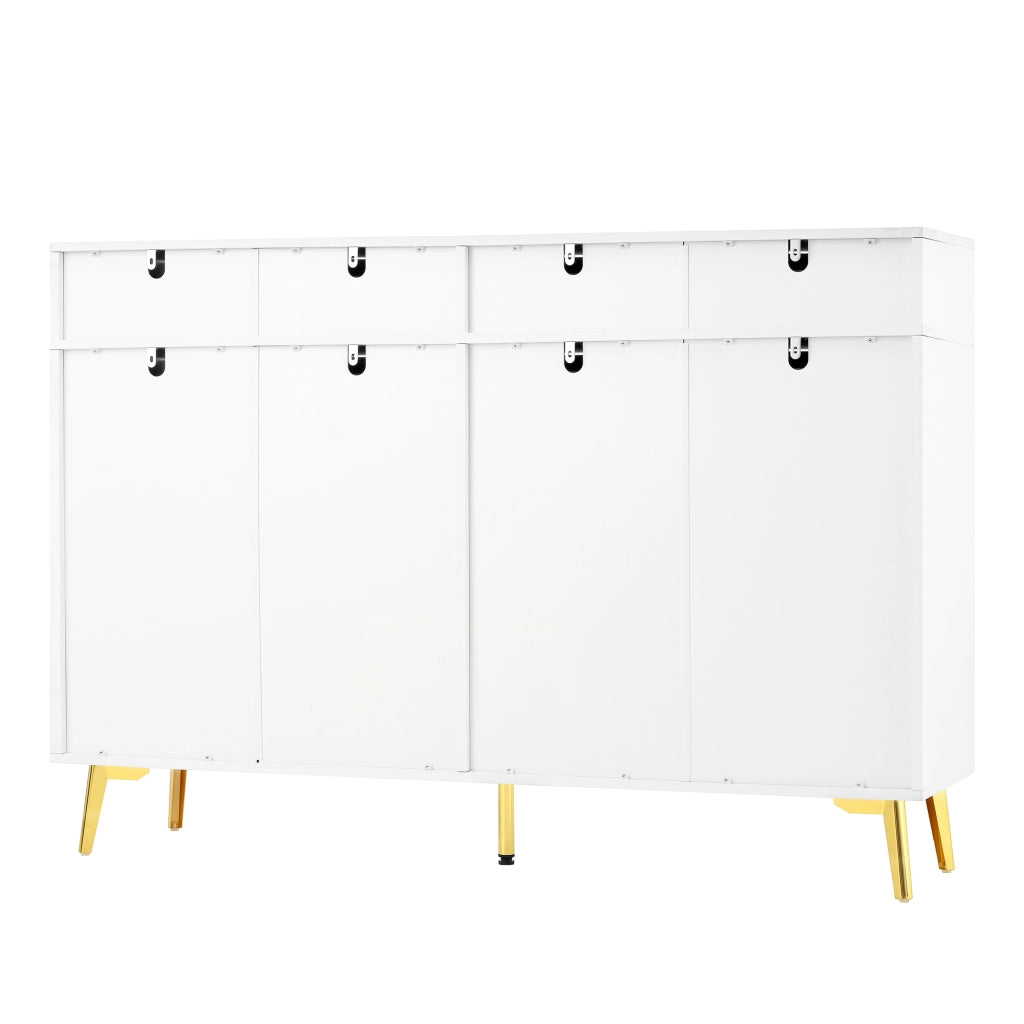 Credenza con 4 ante e 4 cassetti in MDF bianco con ripiani regolabili e dettagli dorati 140 × 38 × 82 cm