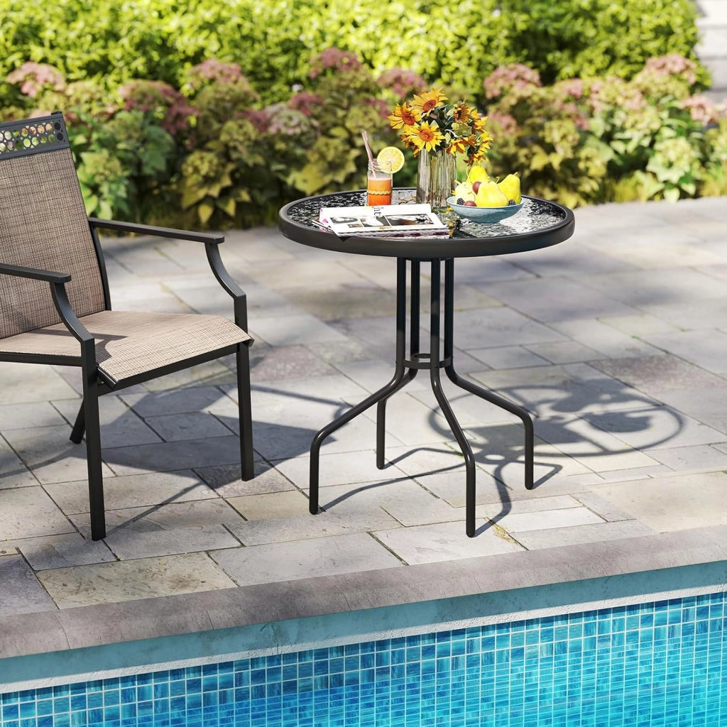 Tavolo rotondo da giardino con piano in vetro, 70 x 70 x 71 cm, tavolo da bistrot con foro per ombrellone da 4 cm, gambe in metallo resistente, tavolino per balcone, patio