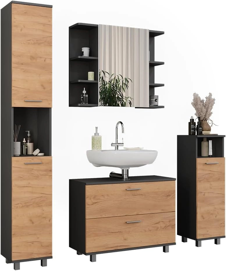 Set di mobili da bagno Ilias, Quercia dorata/antracite, 80.2 cm, composto da mobile lavabo, pensile a specchio, colonna e base media