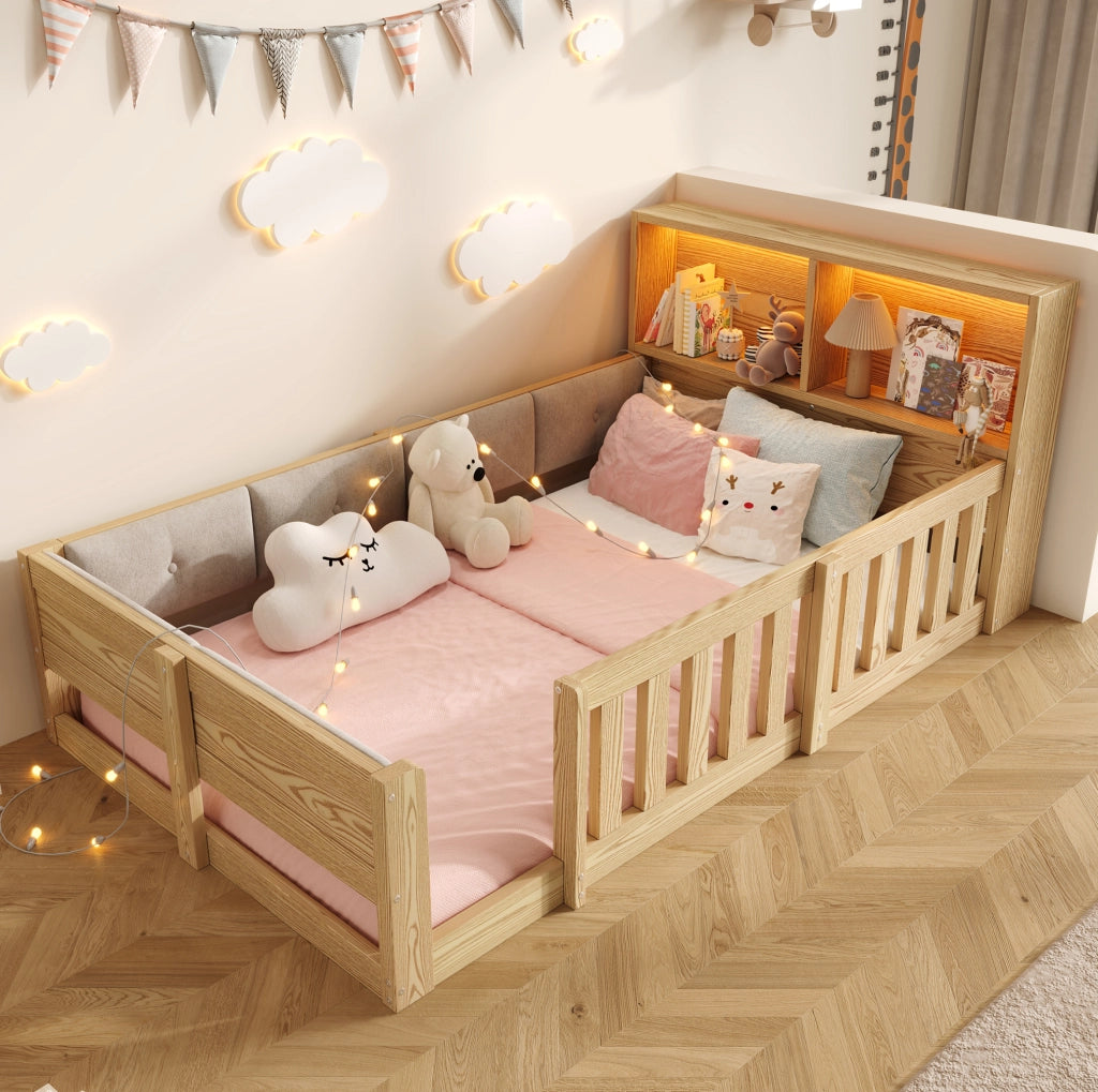 Letto per bambini 90x200 cm con sponde, LED e contenitore