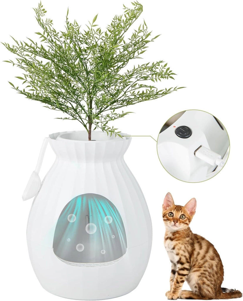 Lettiera per Gatti Smart con Rimozione Elettronica degli Odori e Sterilizzazione, Pianta Finta, Ciottoli, Tenda per la Porta, Paletta, Adatta per Gatti Grandi e Cuccioli (Bianco)