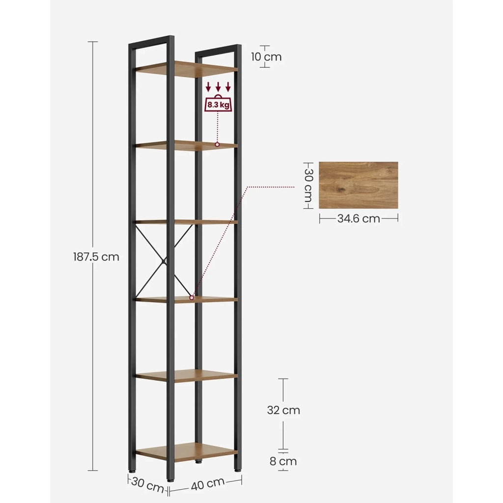Libreria a 6 ripiani mobile contenitore aperto per ufficio soggiorno camera da letto 40 x 30 x 1786 cm marrone rustico e nero 12_0004188