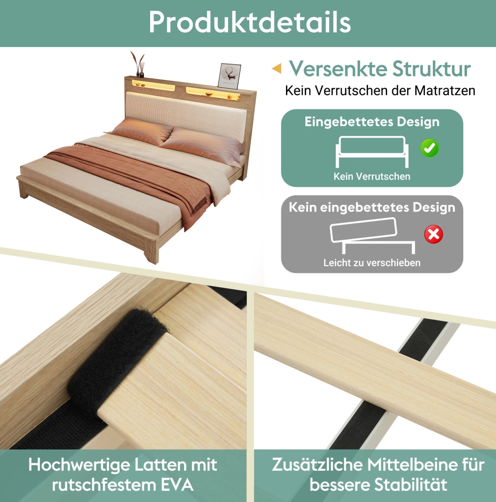 Letto matrimoniale 160x200 cm in effetto rovere chiaro e corduroy beige con LED e contenitore