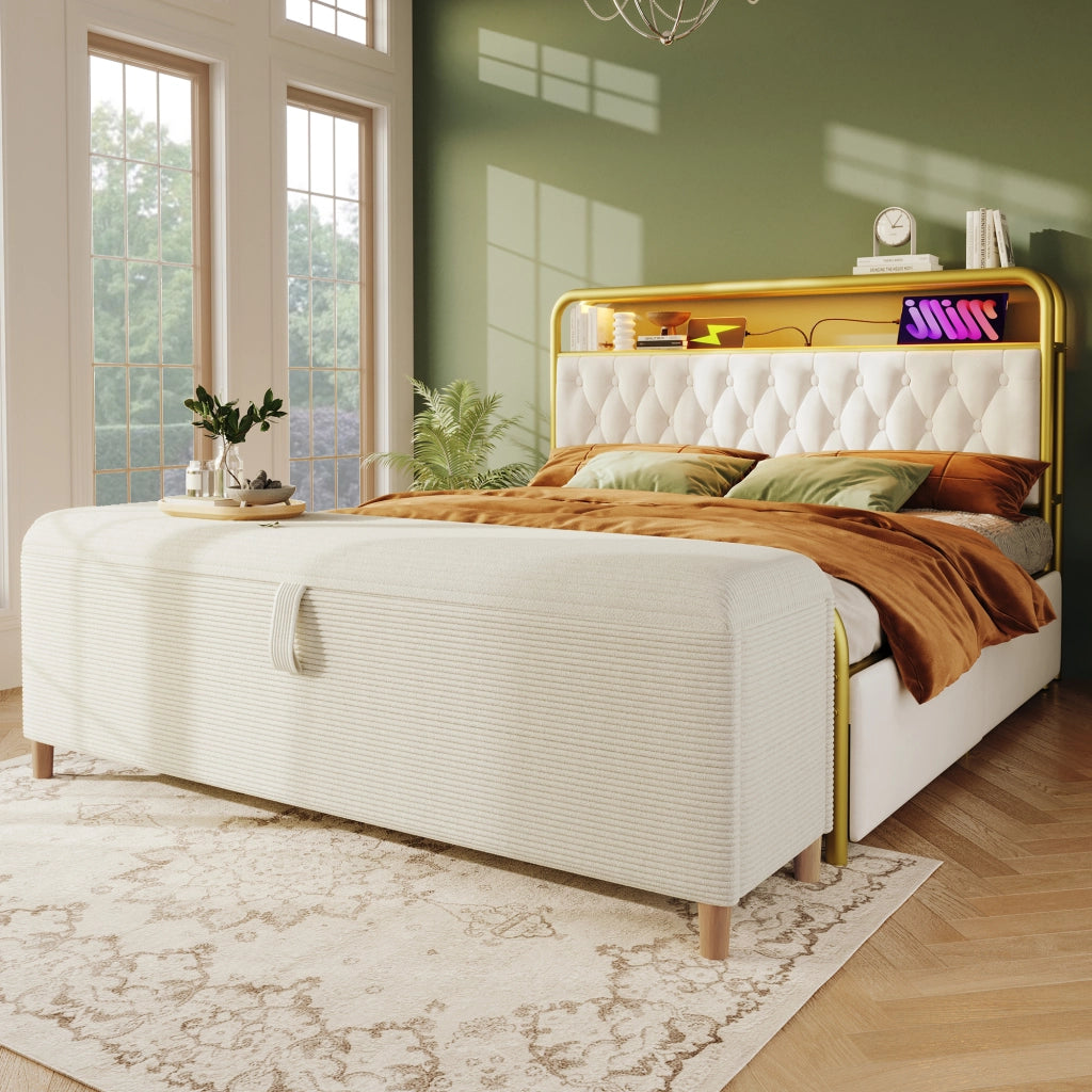 PANCA Contenitore 165 x 38 x 46 cm in Cord Beige con vano portaoggetti