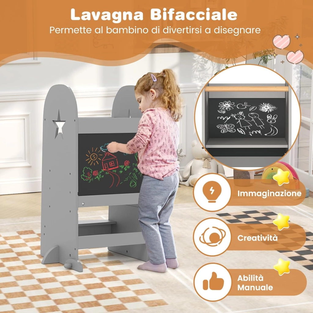 3-in-1 Torre Montessoriana per Bambini Regolabile in Altezza su 3 Livelli, Torre di Apprendimento con Doppia Lavagna, Pedane Alzabimbo con Protezione, per Cucina e Bagno, da 36 Mesi, Grigio