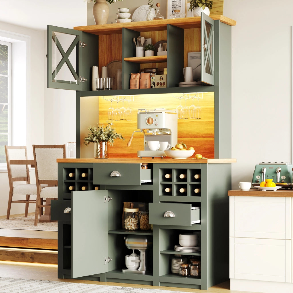 Mobile Cucina Alto con Ante in Vetro e LED, Portabottiglie ¨C MINIMAL ¨C Verde 120x45x188 cm