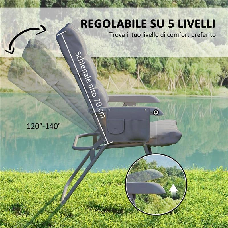SEDIA DA CAMPEGGIO PIEGHEVOLE E REGOLABILE SU 5 LIVELLI CON TASCHE LATERALI 66X58X105 CM GRIGIO CHIARO