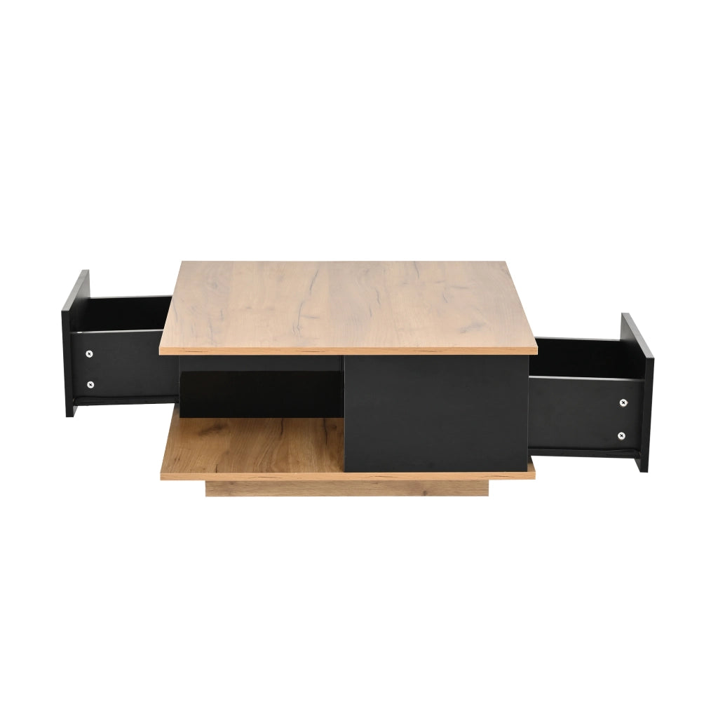 Tavolino basso quadrato con 3 cassetti e vano aperto, finitura lucida, per soggiorno, nero e legno, 70 × 70 × 31,5 cm