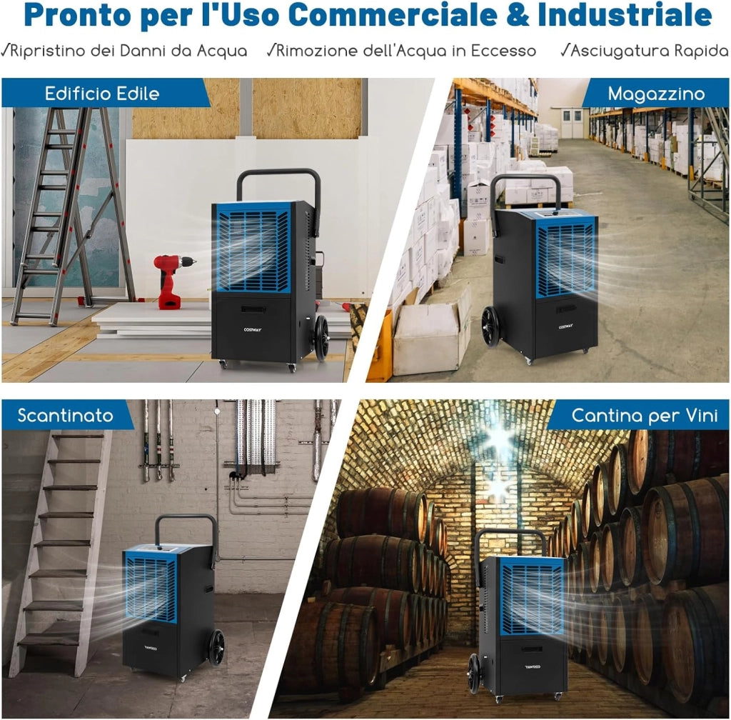 66 L Deumidificatore Commerciale, Deumidificatore con Pompa e Tubo di Drenaggio, Deumidificatore Industriale con Timer 24H e 4 Ruote per Cantina Magazzino (Blu)