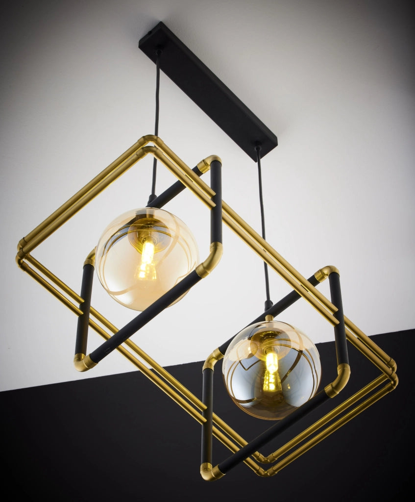 Lampadario moderno nero oro sfere ambra 2xG9 Fiori