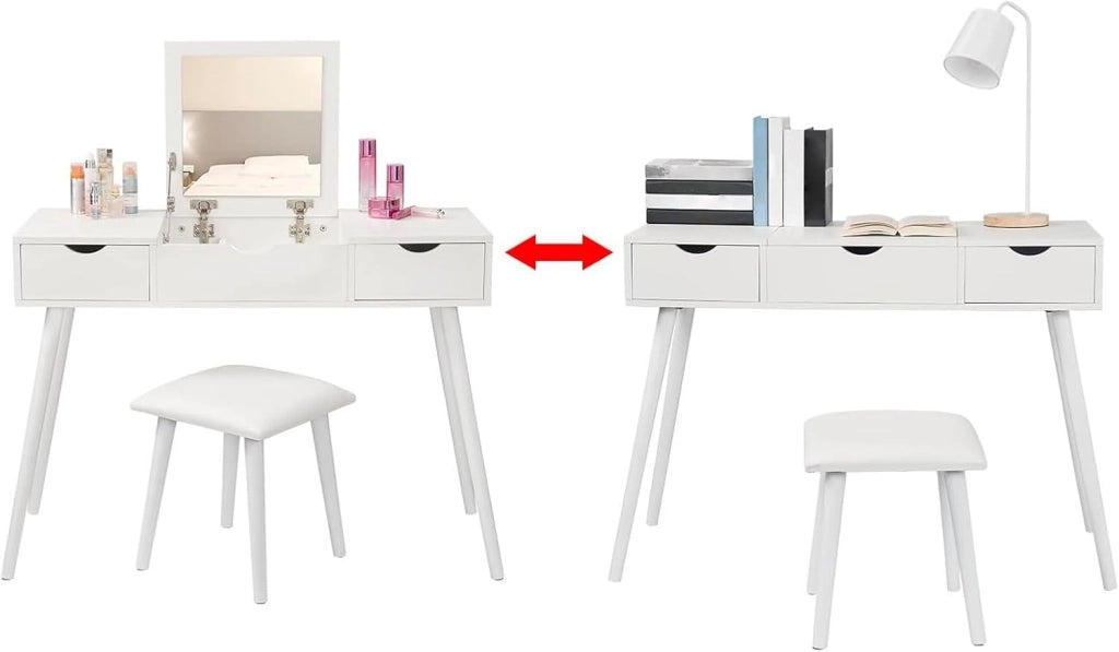 EUGAD Toeletta da Trucco con Specchio Pieghevole, Tavolo da Toeletta con Sgabello ben Imbottito, Scrivania con 2 Cassetti, Moderno, Legno, Bianco, 100x40x75 cm