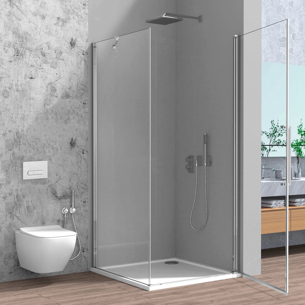 Box doccia angolare 90x80 in vetro temperato trasparente battente con profili cromo Neos