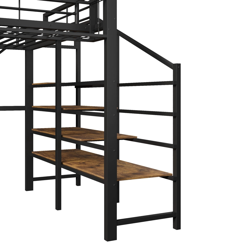LETTO a soppalco 140x200 cm in metallo e MDF nero con scala e LED