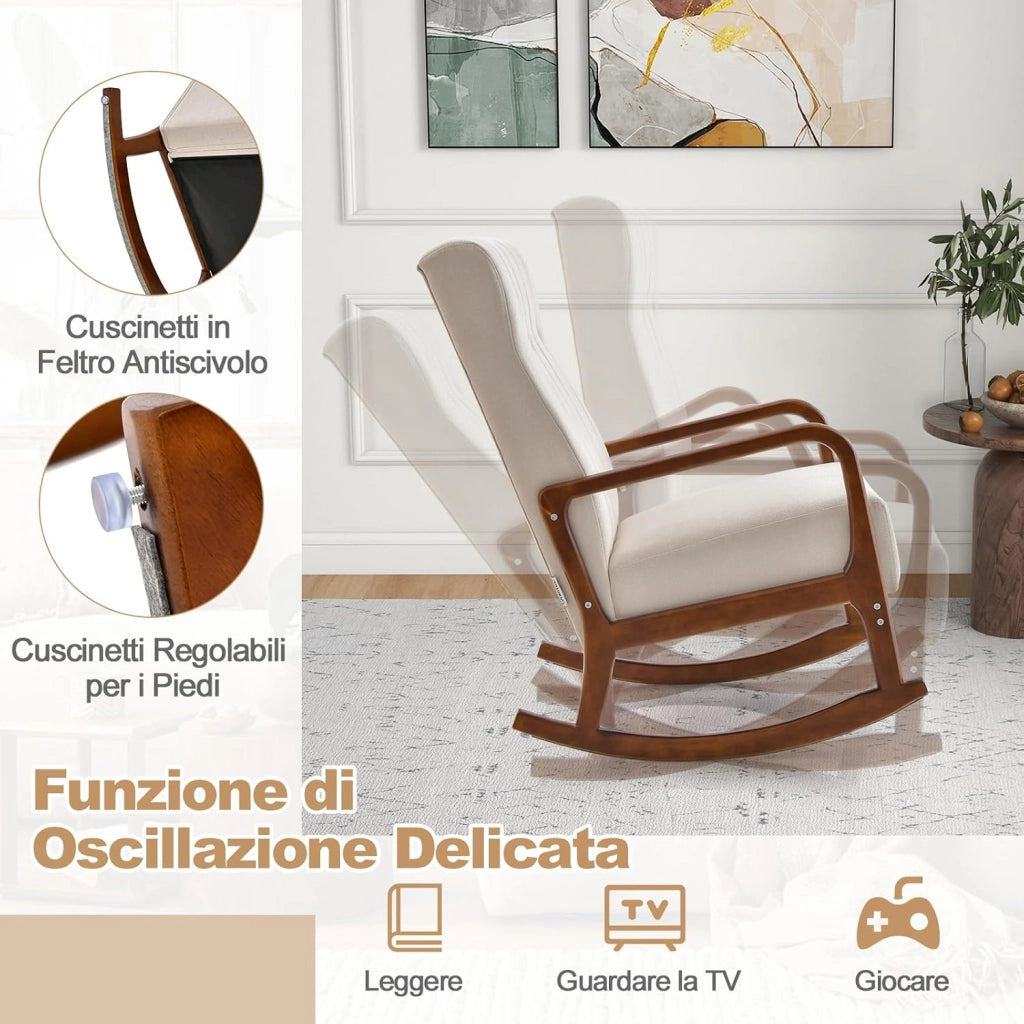 Poltrona a Dondolo con Poggiapiedi, Poltrona Imbottita in Tessuto con Struttura in Legno di Gomma Massello, Set Sedia a Dondolo e Poggiapiedi per Cameretta, Salotto (Beige)