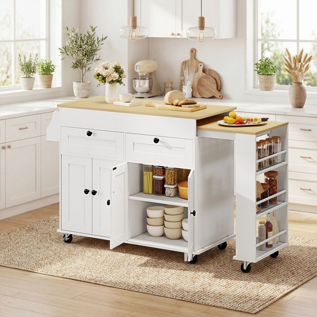 Tavolo da cucina allungabile con cassetti e ruote ¨C Zephmum ¨C Bianco