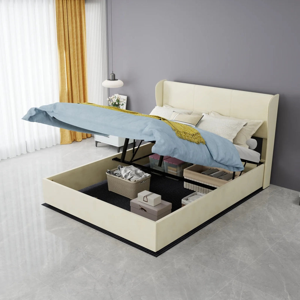 Letto imbottito moderno minimalista 140x200 cm, beige, testiera morbida e confortevole, base rialzata con meccanismo a gas, materasso non incluso
