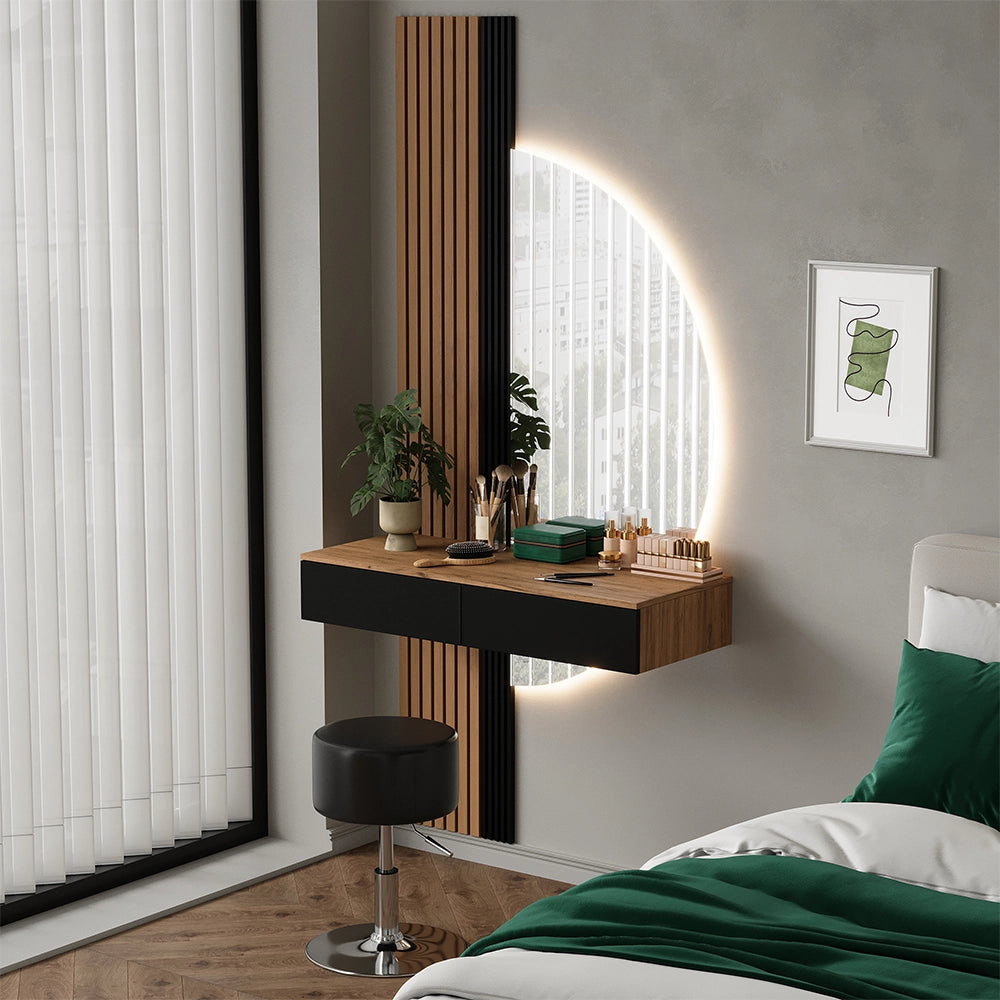 Vicco Tavolo da toeletta Quercia/nero 100 cm con specchio LED e sgabello