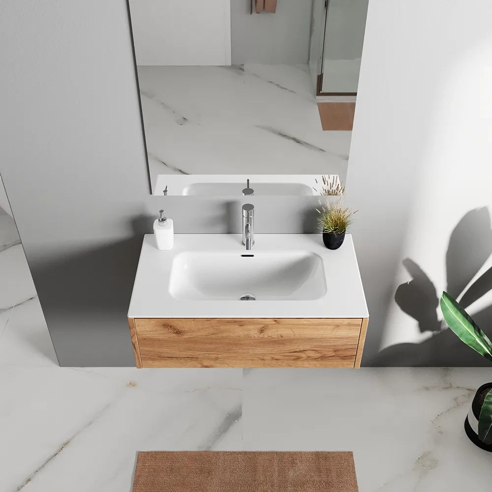 Mobile bagno sospeso 80cm un cassetto apertura push&pull rovere gransasso con lavabo | Galdor