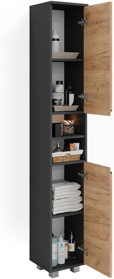 Mobile bagno alto J-Shape, Grigio, 30 x 190 cm, per conservare e combinare con altri elementi a forma di J